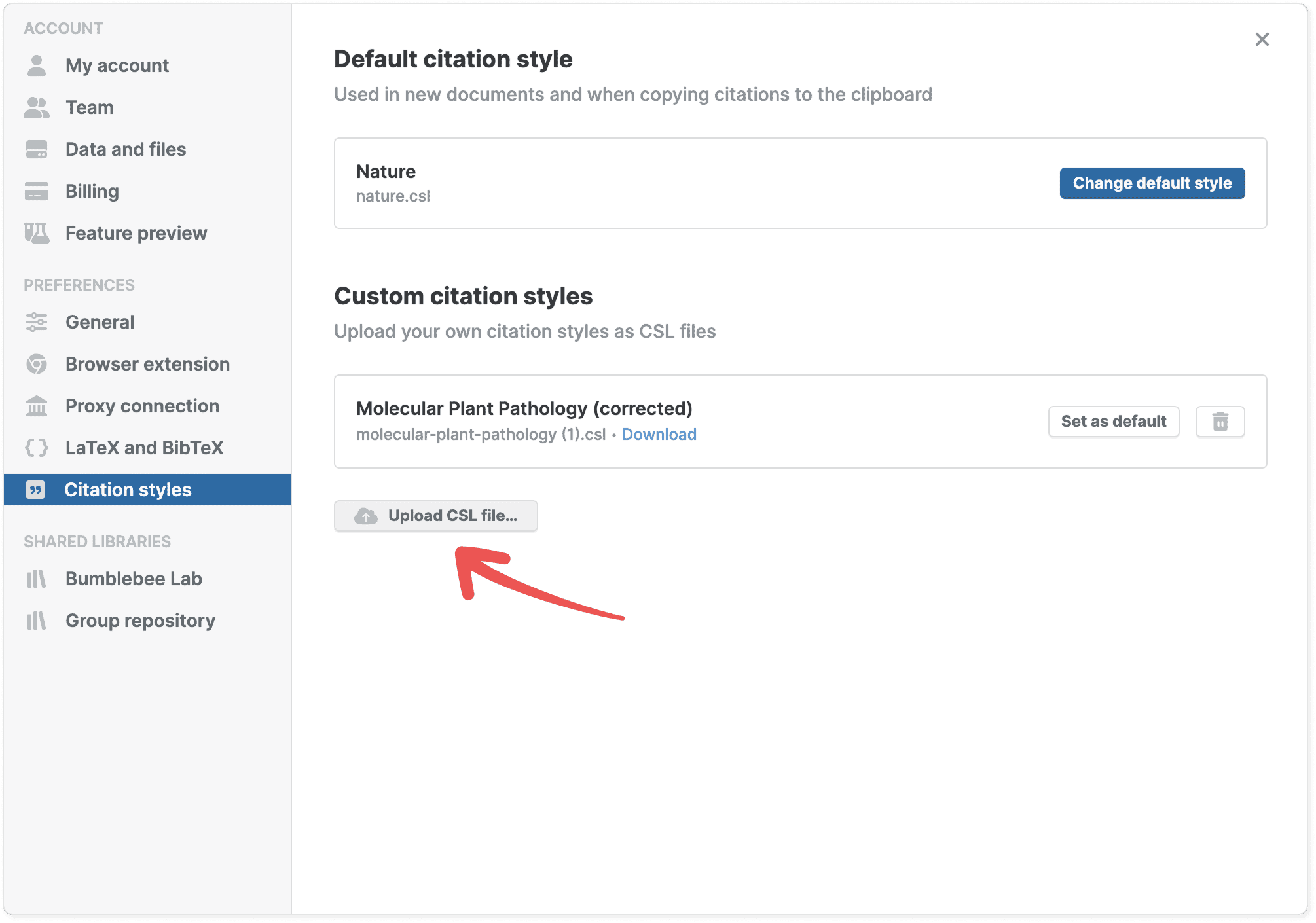 Settings › Citation styles with the default style set to Nature, a Custom citation styles section listing an uploaded .csl file with “Set as default” and delete buttons, and a red arrow pointing to the “Upload CSL file…” button.